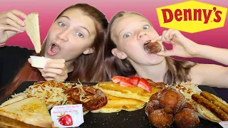 DENNY'S BREAKFAST MUKBANG - PANCAKES, HASHBROWNS, BACON, SAUSAGES, TOAST AND HUSH PUPPIES!