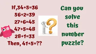 34+5=36 56+2=39 27+6=45 47+5=48 28+1=33 41+5=?? ! Can you solve this Maths Number Puzzle? Reasoning!