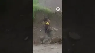 A dog trapped by raging flood water in Bolivia is rescued by a construction worker hung from a crane
