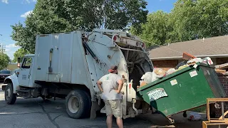 Leach Sanicruiser Rear Loader Garbage Truck vs. an Overloaded Dumpster + Bulk