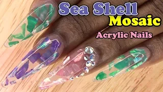 Acrylic Nails Tutorial - How To Encapsulated Nails - Sea Shell Mosaic Stiletto Nails with Nail Tips