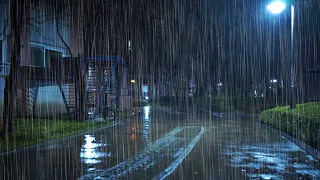 Tranquil Rain sounds Under Night Lights In A Cozy Neighborhood. Natural Soothing Sounds For Sleep