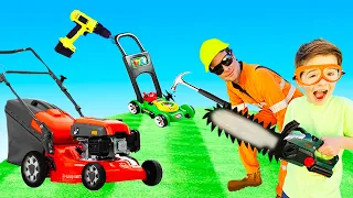 Lawn mower weed eater videos for toddlers | blippi toy | min min playtime kids fix it with Tools set