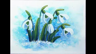 How to draw snowdrops is easy for beginners. Gouache. Step by step drawing.