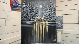 How To Paint Black, White & Gold winter landscape 🎨 acrylic painting tutorial