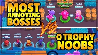 ANNOYING BOSSES VS 0 TROPHY NOOBS TROLLING | Brawl Stars Big Game Trolling