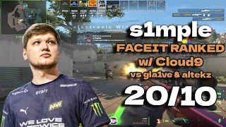 s1mple (20/10) w/ Cloud9 vs gla1ve & Altekz (Overpass) FACEIT Ranked Mar 12, 2024 | CS2 POV