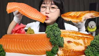 RAW SALMON SASHIMI & GRILLED SALMON🧡MUKBANG ASMR