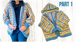 Crochet cozy hexagon granny hoodie cardigan | crochet L/XL size sweater | crochet for women PART 1