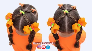 Penteado Fácil com Tranças e Maria Chiquinha | Easy Two Ponytails Hairstyle with Braids For Girls 🥰💗