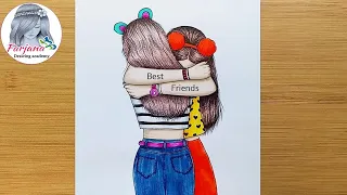 Best friends❤ Drawing Tutorial - step by step || How To Draw Two Friends Hugging Each other