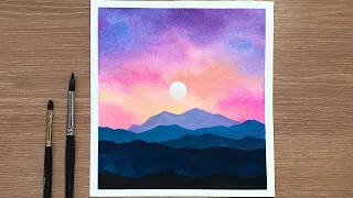 Glowy Sky & Mountains | Easy Watercolor Sunset Tutorial for Beginners Step By Step