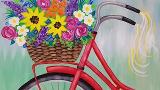 Bike with Flower Basket Acrylic Painting Tutorial LIVE Spring Floral Beginner Lesson