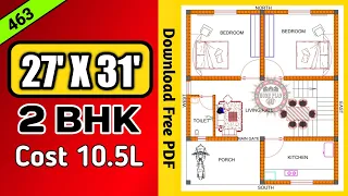 27 x 31  घर का नक्शा II 27 x 31 House Plan with 2 Bhk Design and interior II 800 sqft House Design