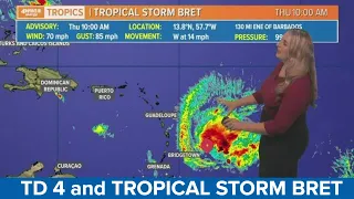 Thursday noon tropical update: Bret set to weaken, Tropical Depression 4 right behind