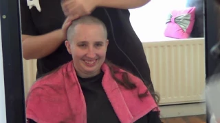 Mel Knott shaving her hair off for Macmillan