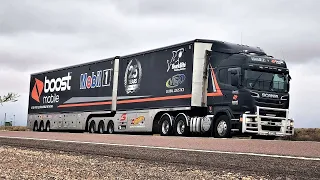 Never late in a V8! Scania V8 race transporter compilation