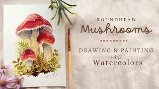 Red Roundhead Mushrooms Drawing to Painting with Watercolors