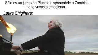 Hombre tocando el piano en llamas con Plantas vs Zombies de fondo