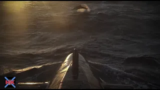 Dolphins jumping in front of submarine [HD]