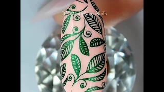 Green Leaves Stamping Nail Art over Gel Polish | Molly Moo's Nails
