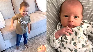 Big brother's reaction to meeting baby brother for the first time.