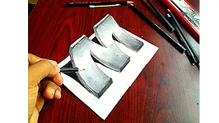 How to draw 3D letter M - drawing with pencil - Awesome trick Art .