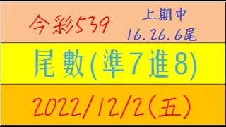 今彩539 『尾數(準7進8)』上期中16.26.6尾【2022年12月2日(五)】肉包先生