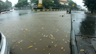 Massive Flood Rain On Street - Remove Leaves And Plastic Clogged Drain While Heavy Rain