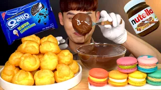 ASMR 누텔라에 빠진 슈 🍫 프로피테롤 알록달록 무지개 마카롱 먹방~! Profiteroles - Nutella Chocolate Choux 🌈 Macaron MuKBang!