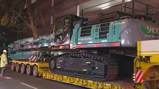 New Kobelco Demolition Excavator Delivery into City and First Work