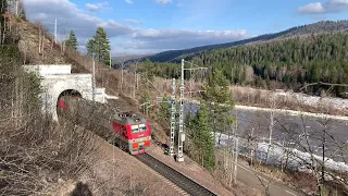 Freight trains in mountains South Siberian Railway "Abakan - Taishet"