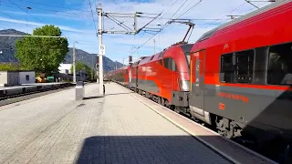 Rail Jet, Doppelgarnitur fährt ein in Wörgl, Tirol, Austria