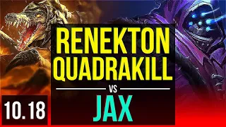 RENEKTON vs JAX (TOP) | Quadrakill, KDA 12/2/9, 70% winrate, Dominating | KR Master | v10.18