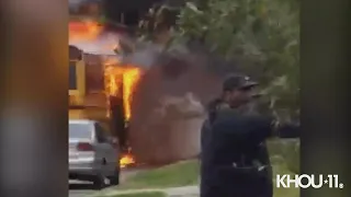 Raw video: Dickinson ISD school bus catches fire, children safely unloaded