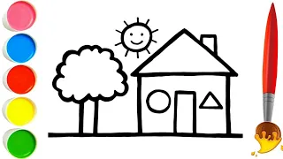 How to draw a cute house with sun & tree/colorful art for kids#easy drawing#colorful#kids