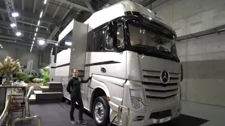 Largest motorhome in Europe:Mercedes ACTROS 26 to 12m extended room tour.STX 2 SlideOuts + cargarage