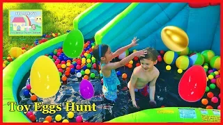 Slime Pool Surprise Toys Hunt on Huge Inflatable Water Slide! Outdoor Play