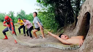 Spider Man and 3 Brave Girl Confront Ferocious Giant Snake MonsterTo Save The Boy