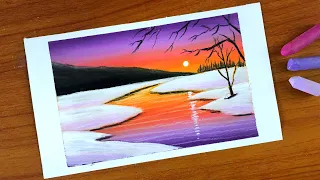 Oil Pastel Winter Sunset Landscape Painting for beginners | Oil Pastel Drawing Winter