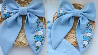 🎀 bow hair clip ||  bow hair clip making at home 🏡 || hand embroidery hair clip with hand sewing