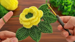 3D⚡💯🌷Crochet Flower💯👌🌷Crochet tea rose with leaves Crochet flowers Knitting How to crochet a flower?