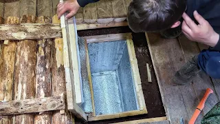 Secret underground food storage Root Cellar. Log Cabin off grid with my Dog away from Civilization