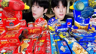 ASMR MUKBANG | RED VS BLUE FOOD! JELLY CANDY Desserts (Noodles Jelly, chocolate) Convenience store