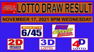 PCSO LOTTO 9PM DRAW NOVEMBER 17, 2021 WEDNESDAY MEGA LOTTO 6/45 GRAND LOTTO 6/55 2D 3D 4D LOTTO