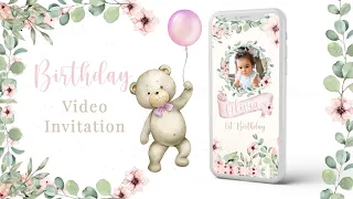 Pink Teddy bear with balloons Birthday video invitation