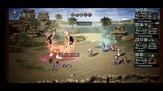Octopath COTC Defeating Grandport level 100 NPC in 9 turns with a fire team
