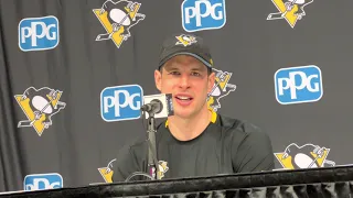 Sidney Crosby talks after scoring his 500th goal in Penguins' victory over Flyers