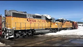 UNION PACIFIC Jordan Spreader with 2 GP 38-2 enters Truckee yard  in Sierra Nevada