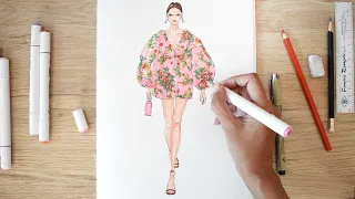 HOW TO RENDER A FLORAL PRINT DRESS : Caolina Herrera SS23 : figure sketching colouring with markers